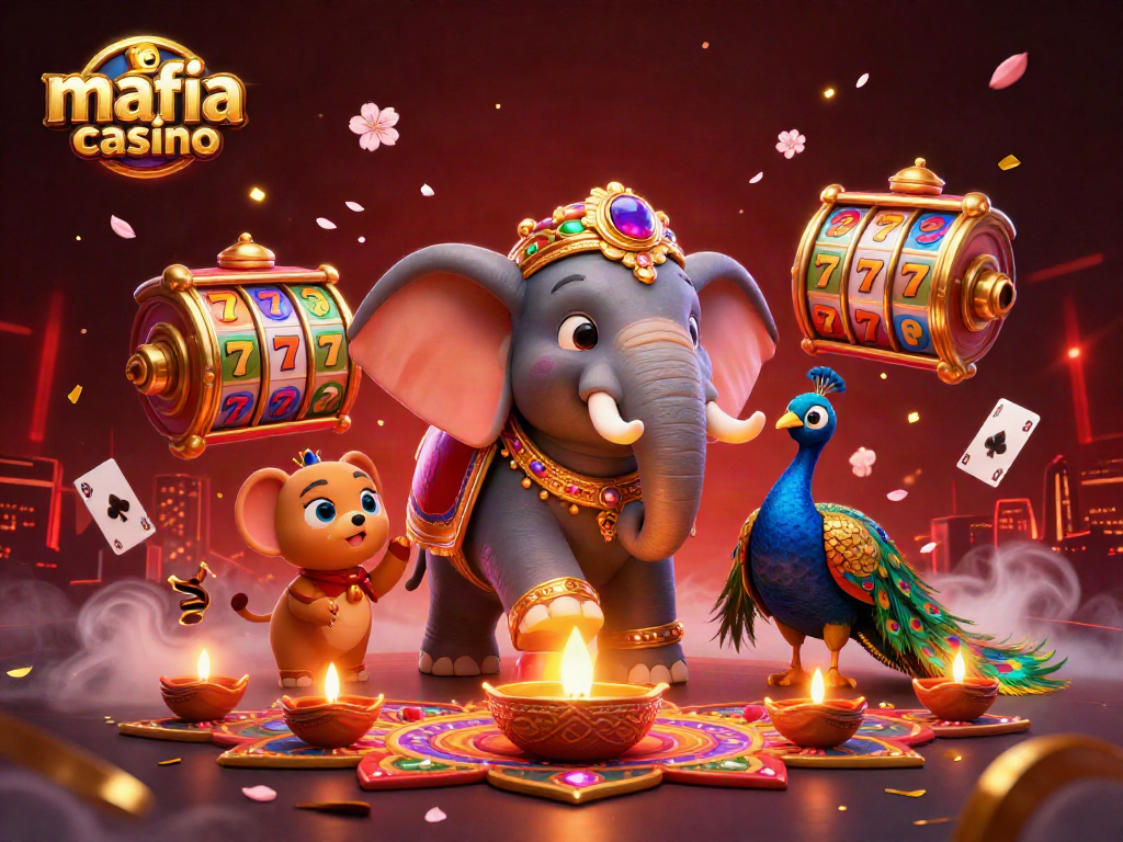 Mafia casino attracts players with lively elephants and vibrant slot reels in a rich 3D illustration.