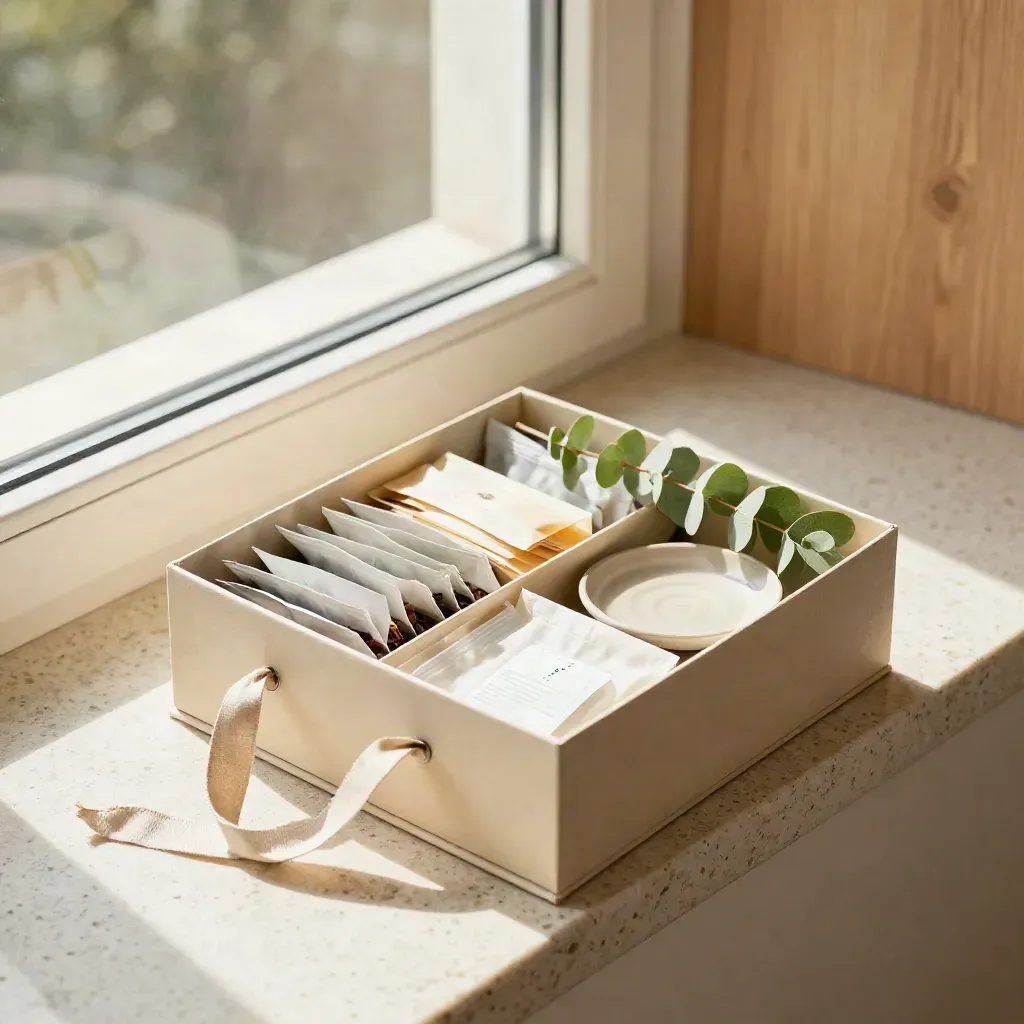 Scatola regalo aperta con tisane, nastro in lino, eucalipto e piattino neutro in luce calda.