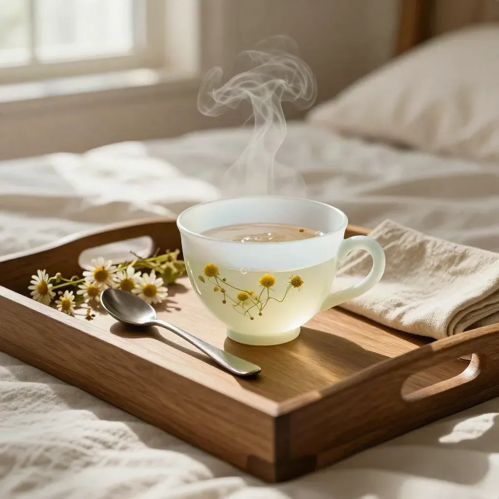 Vassoio di legno con tisana fumante, tazza opalina, cucchiaino e lino accanto al letto
