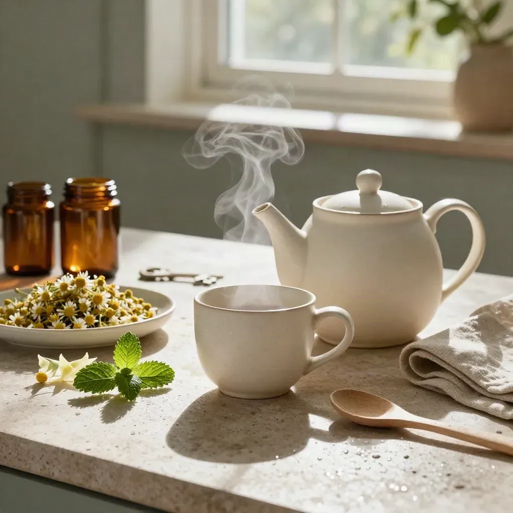 Teiera e tisane su tavolo in pietra, vapore al mattino dopo un temporale