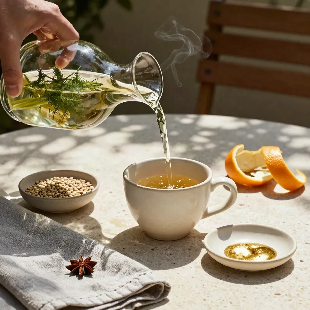 Tisana al finocchio versata in veranda con anice, agrumi e lino.