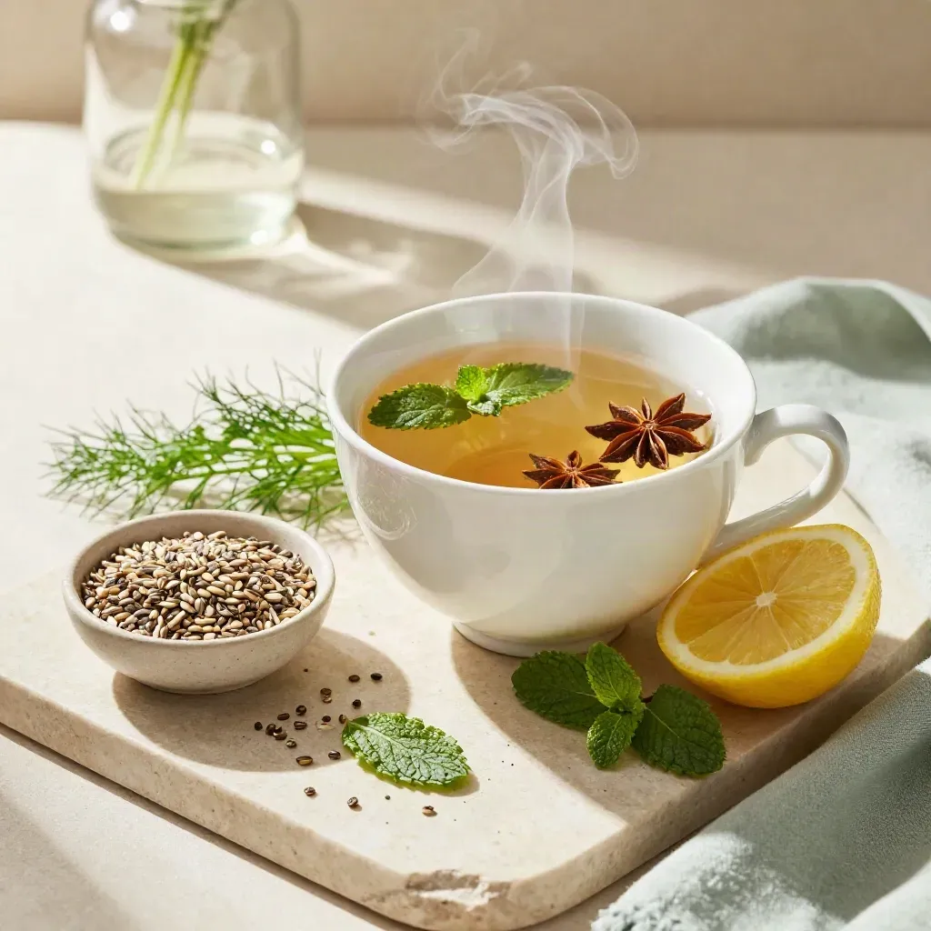 Tisana digestiva con finocchio, anice e menta, limone e semi su pietra chiara