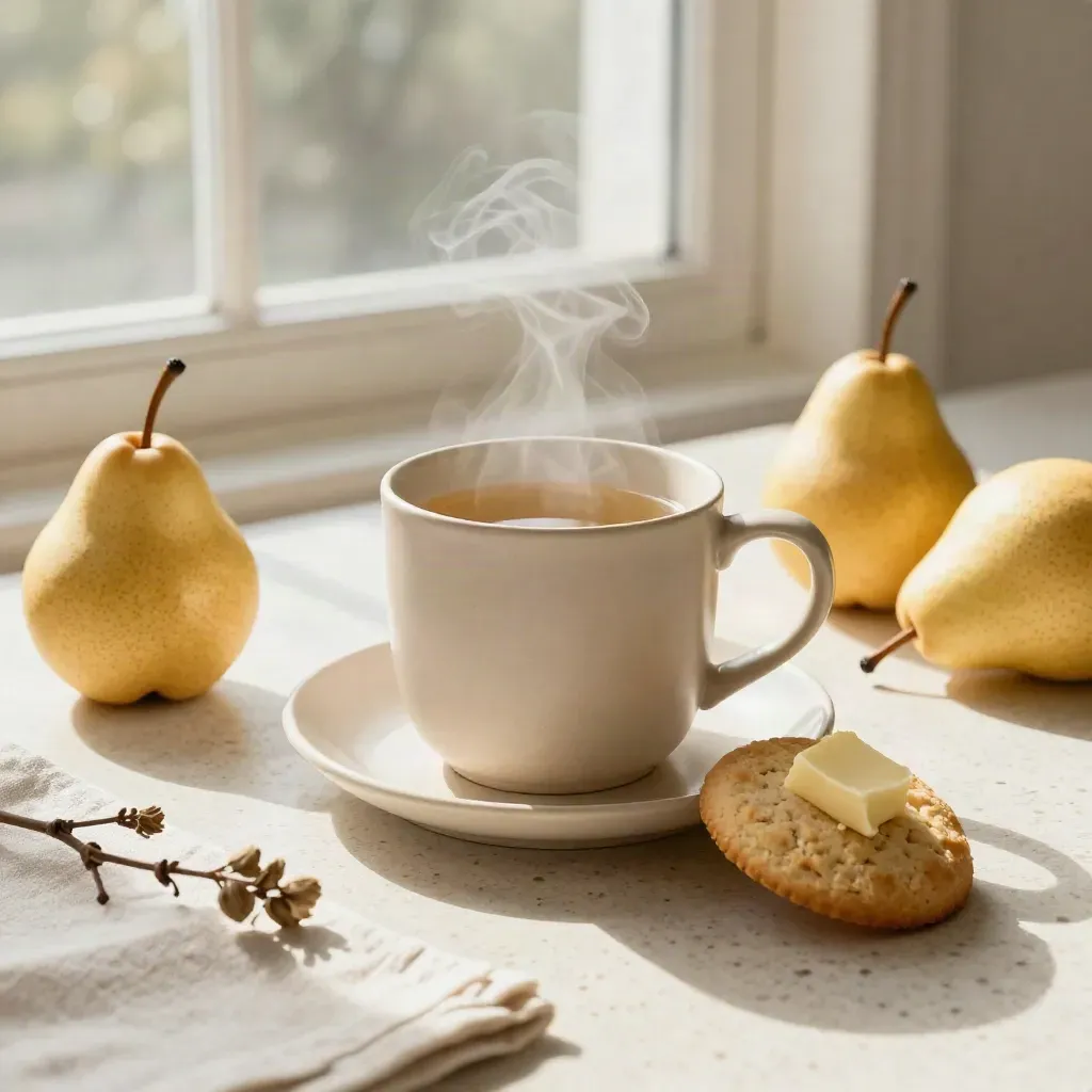 Tazza beige fumante con pere mature, biscotto semplice e infuso leggero vicino a una finestra.