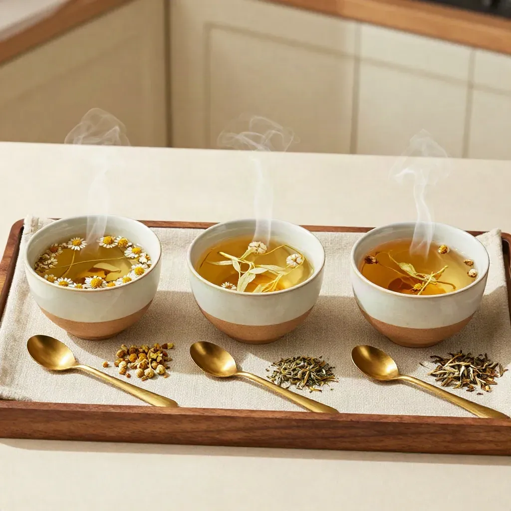 Tre tazze di tisane rilassanti su lino con erbe e vapore leggero