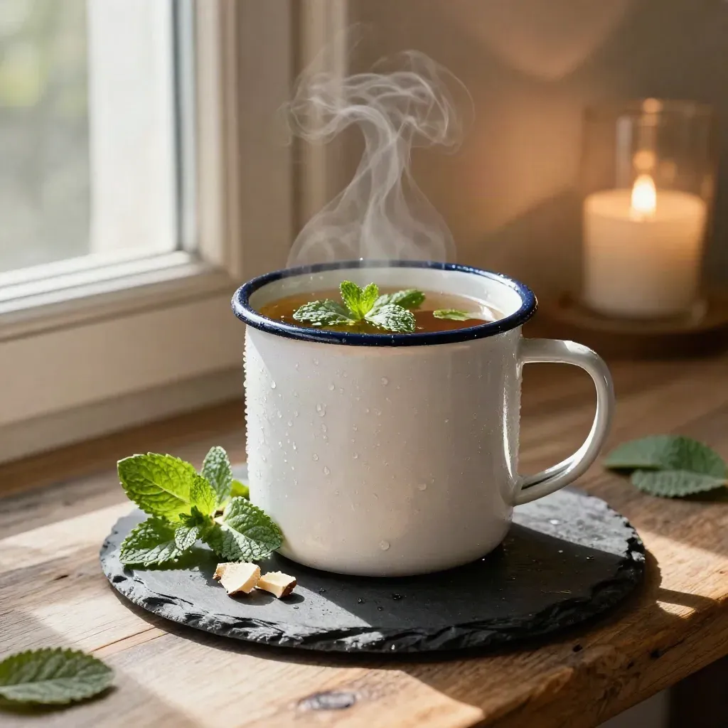 Tazza smaltata con infuso di menta e liquirizia su ardesia, con condensa e foglie fresche.