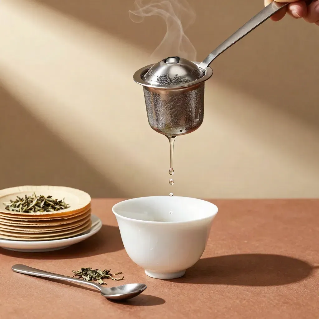 Infusore in acciaio che gocciola accanto a tazza, filtri di carta, erbe sfuse e cucchiaino su piano terracotta.