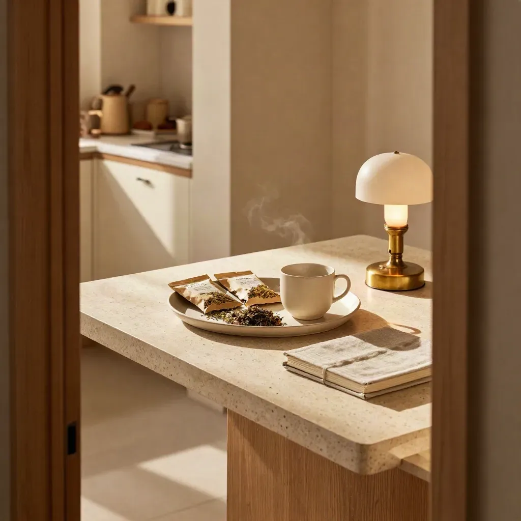 Corridoio di cucina al tramonto con vassoio di tisane, tazza in ceramica e libro chiuso.