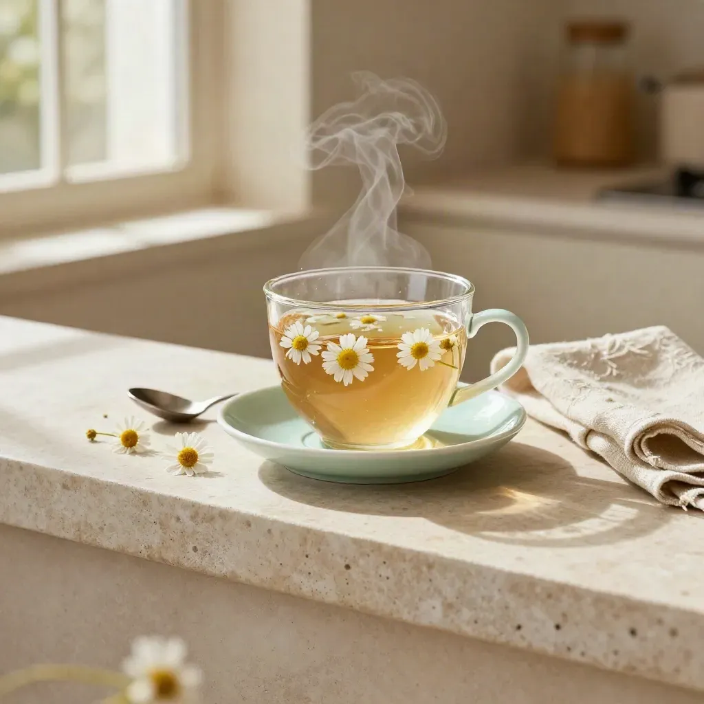 Tazza opalina con infuso di camomilla e tiglio, fiori secchi e tovagliolo di lino su piano chiaro.