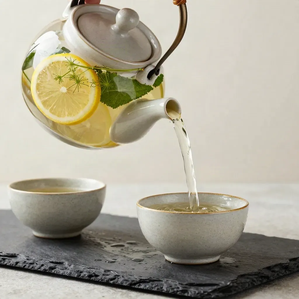 Tisana finocchio e menta versata in tazza con limone, ciotoline e vapore su pietra scura