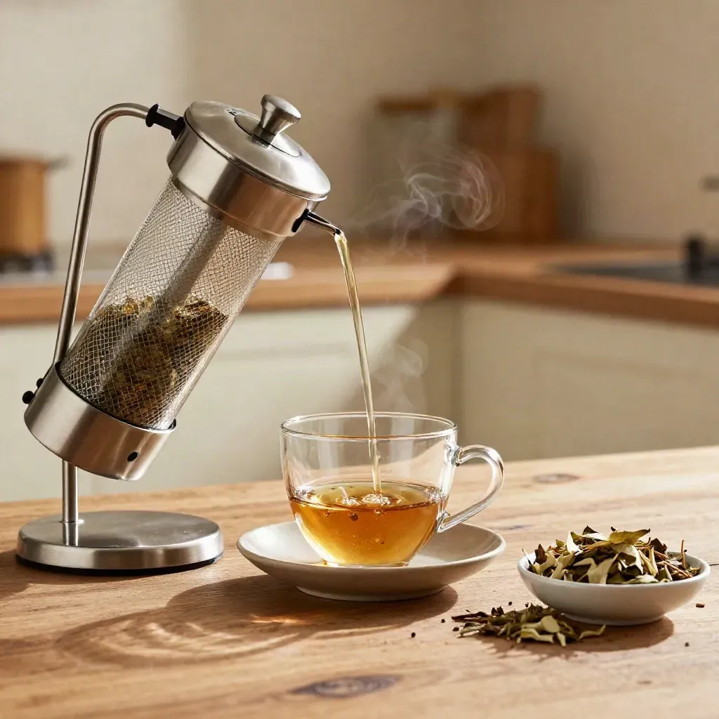 Infusore in acciaio sopra una tazza chiara, con ultima goccia e vapore su tavolo caldo.