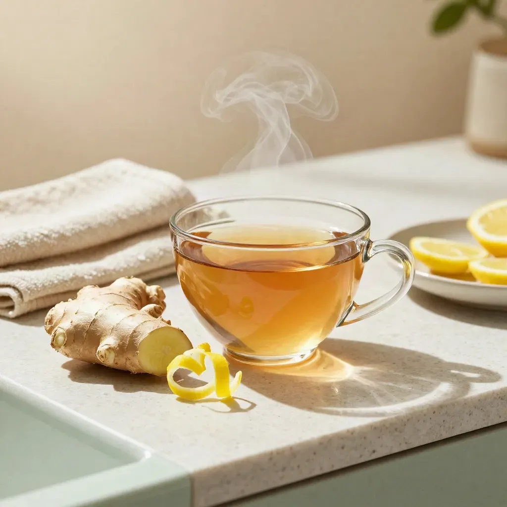 Tazza di tisana zenzero e limone con vapore, zenzero fresco e zeste su lino
