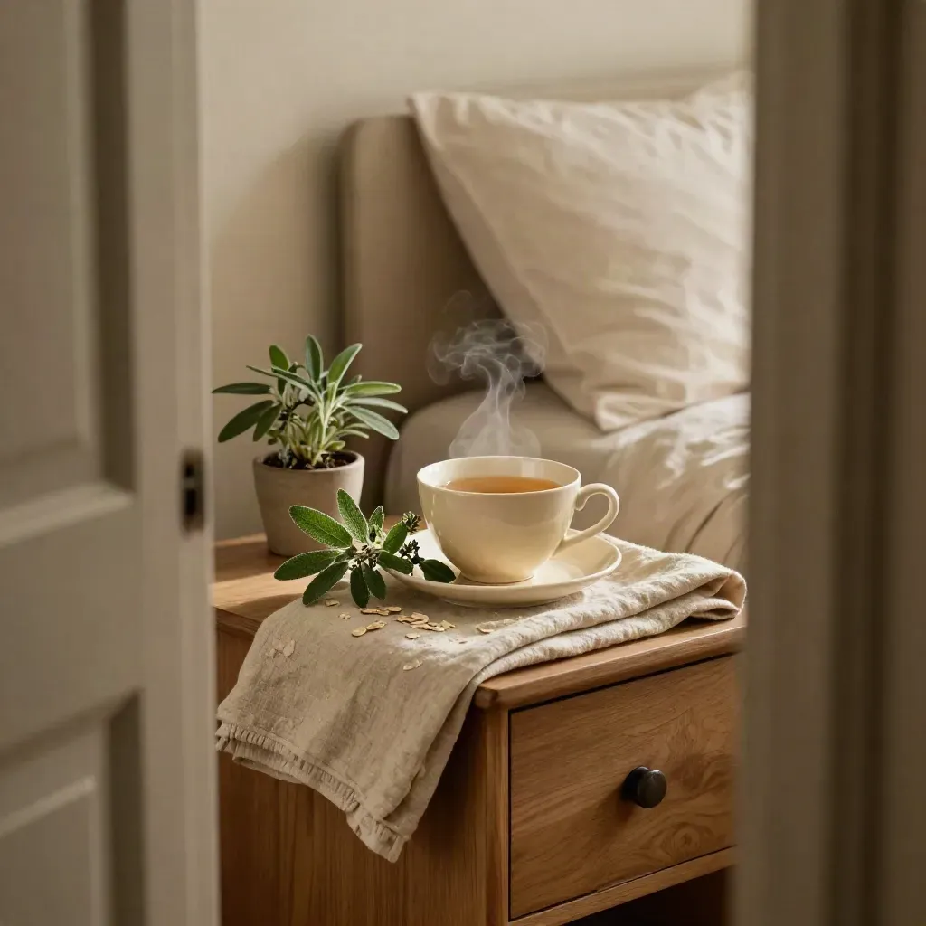 Camera da letto in penombra con tisana alla melissa, foglie fresche e lino sul comodino.