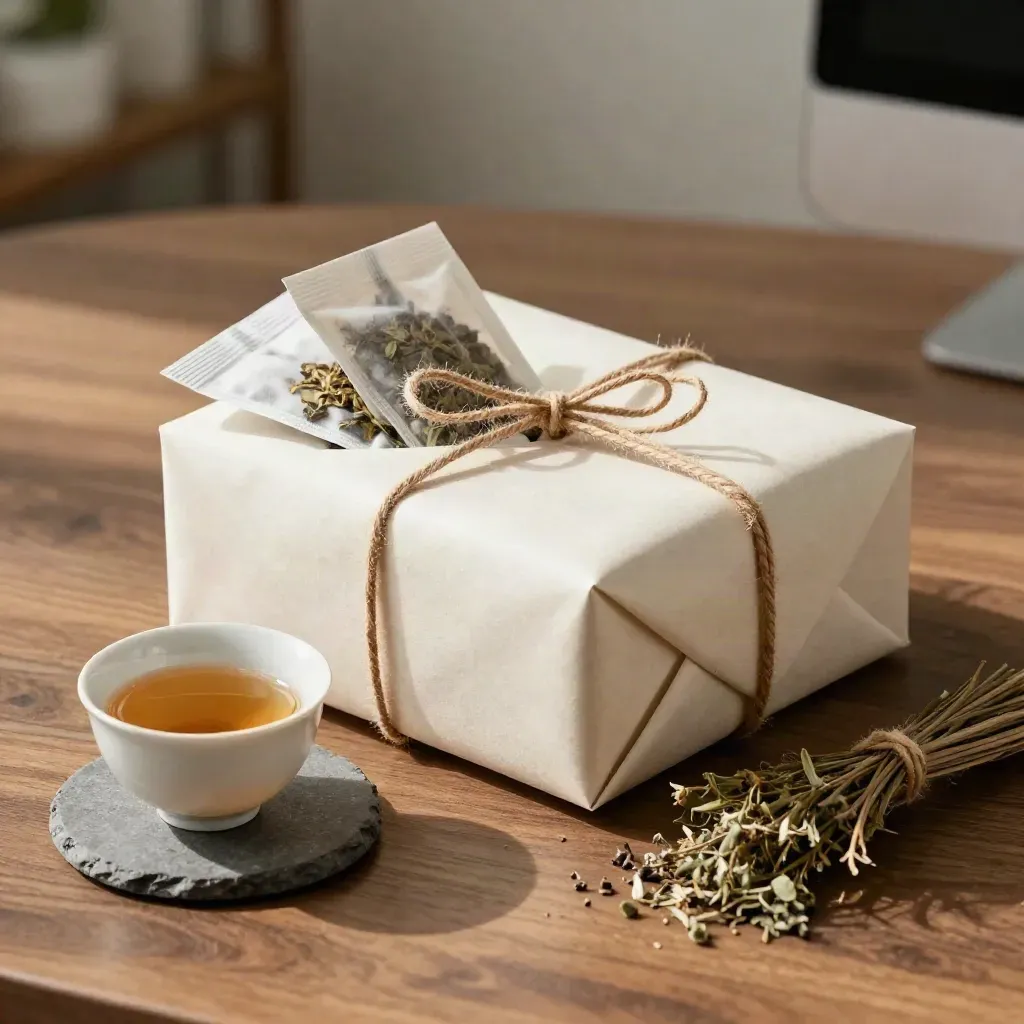 Box regalo per tisane su scrivania, tazza pronta, sottobicchiere in pietra e erbe essiccate