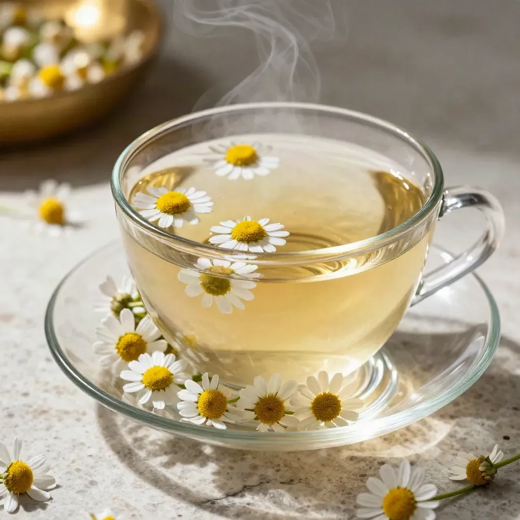Tazza di camomilla bio in vetro con fiori interi e vapore su piattino chiaro.