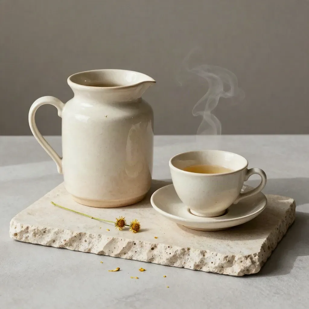 Infusore in ceramica con camomilla, tazzina bassa e rametto secco su pietra chiara.