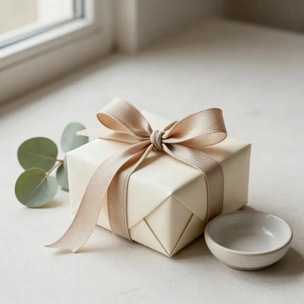 Scatolina regalo con nastro in lino, eucalipto, velina e piattino su sfondo chiaro.